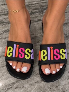 Melissa Black Slides with Multicolor Raised Logo